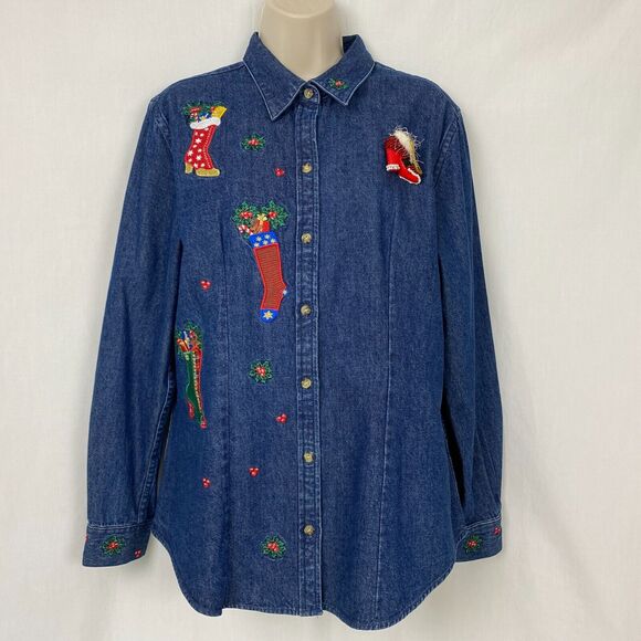 Christmas Shirt Womens Large Denim Button Up Top Embroidered Westbound w/Brooch - Picture 3 of 12